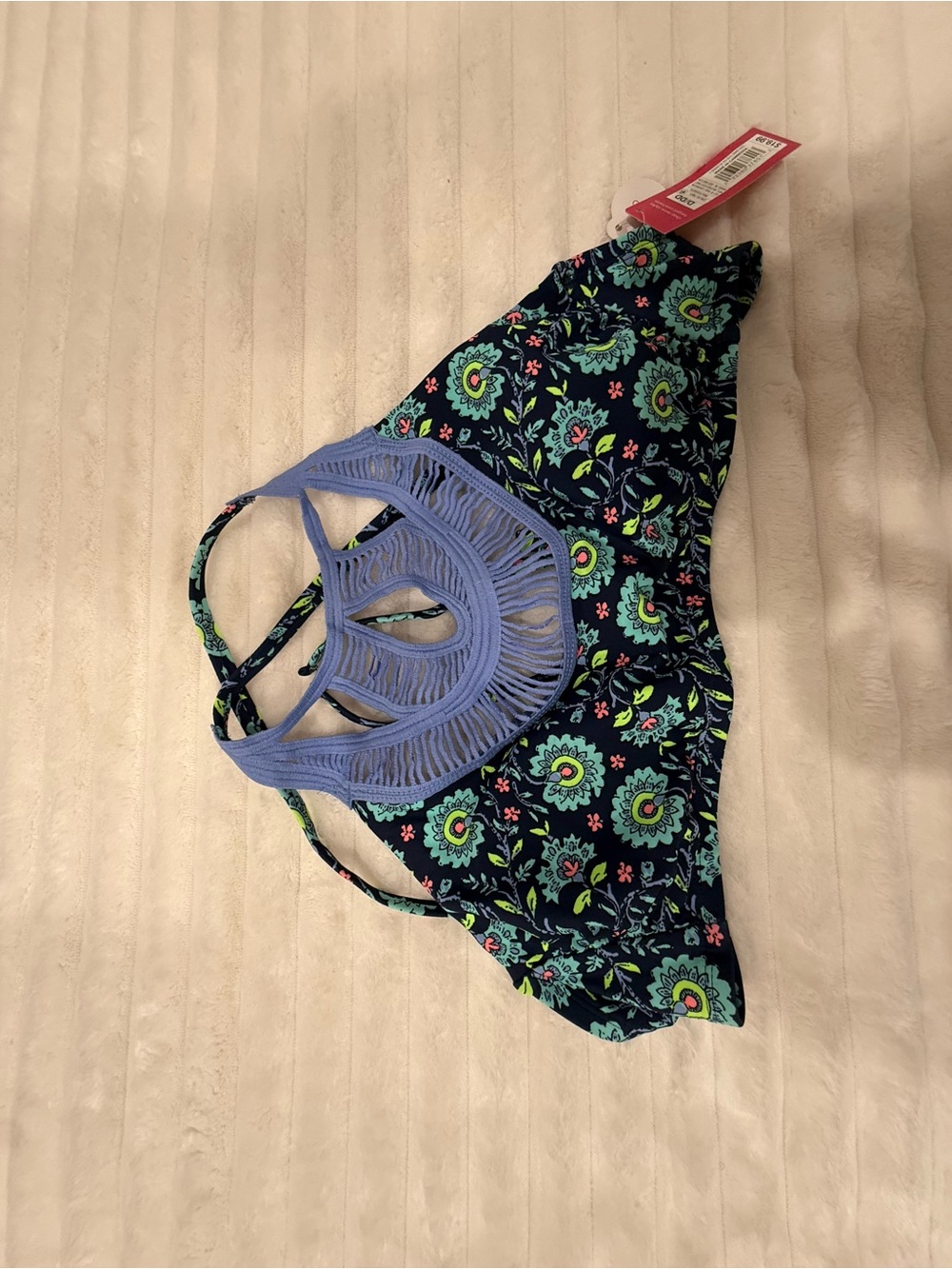 Womens Floral Navy Swimsuit top with Blue Crochet Neck